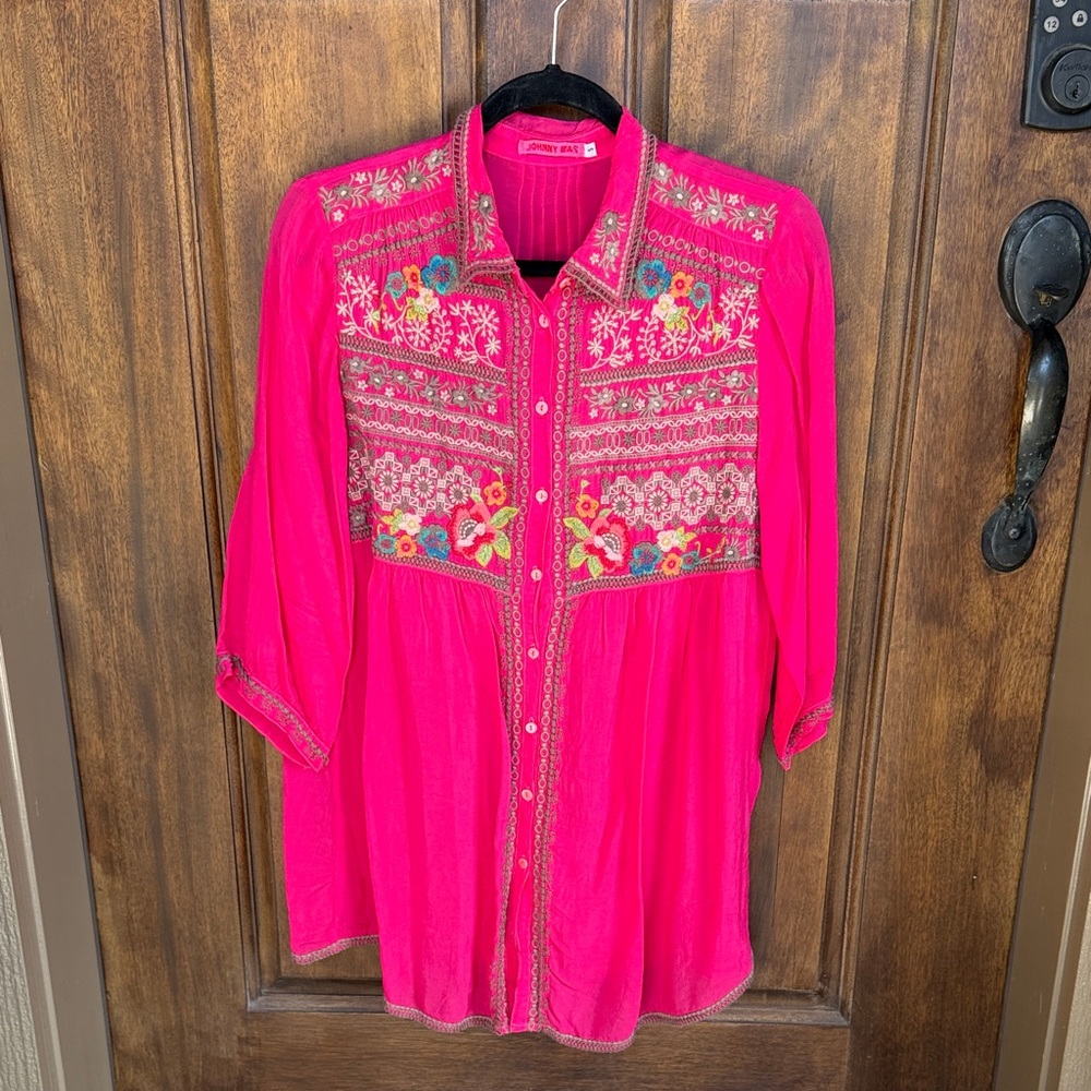 Johnny Was Bright Pink Embroidered Top